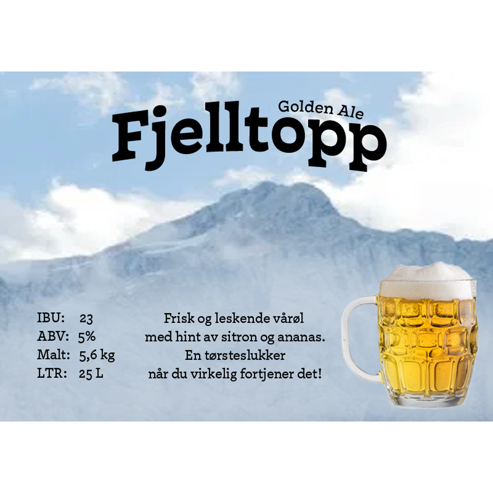 Fjelltopp Golden Ale ølsett med fjellmotiv og ølkrus, 25 liter.