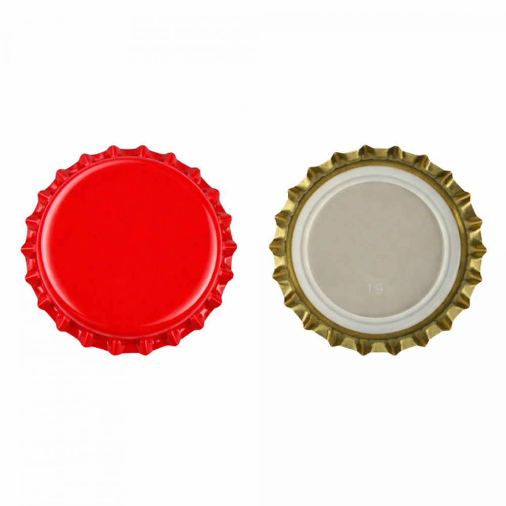 Røde 29 mm flaskekapsler, sett fra topp og bunn, for øl, cider og musserende vin.