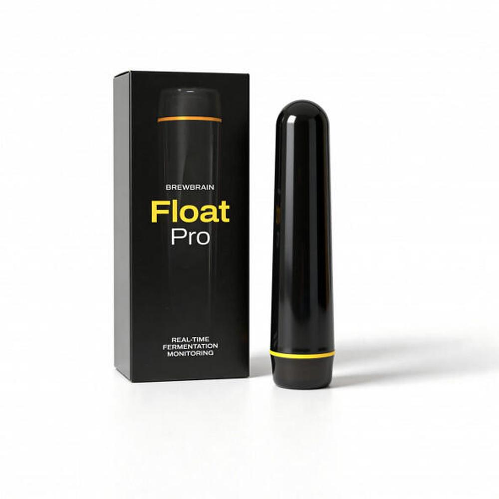 Brewbrain Float Pro digital hydrometer i svart med gul ring, ved siden av den svarte produktesken.