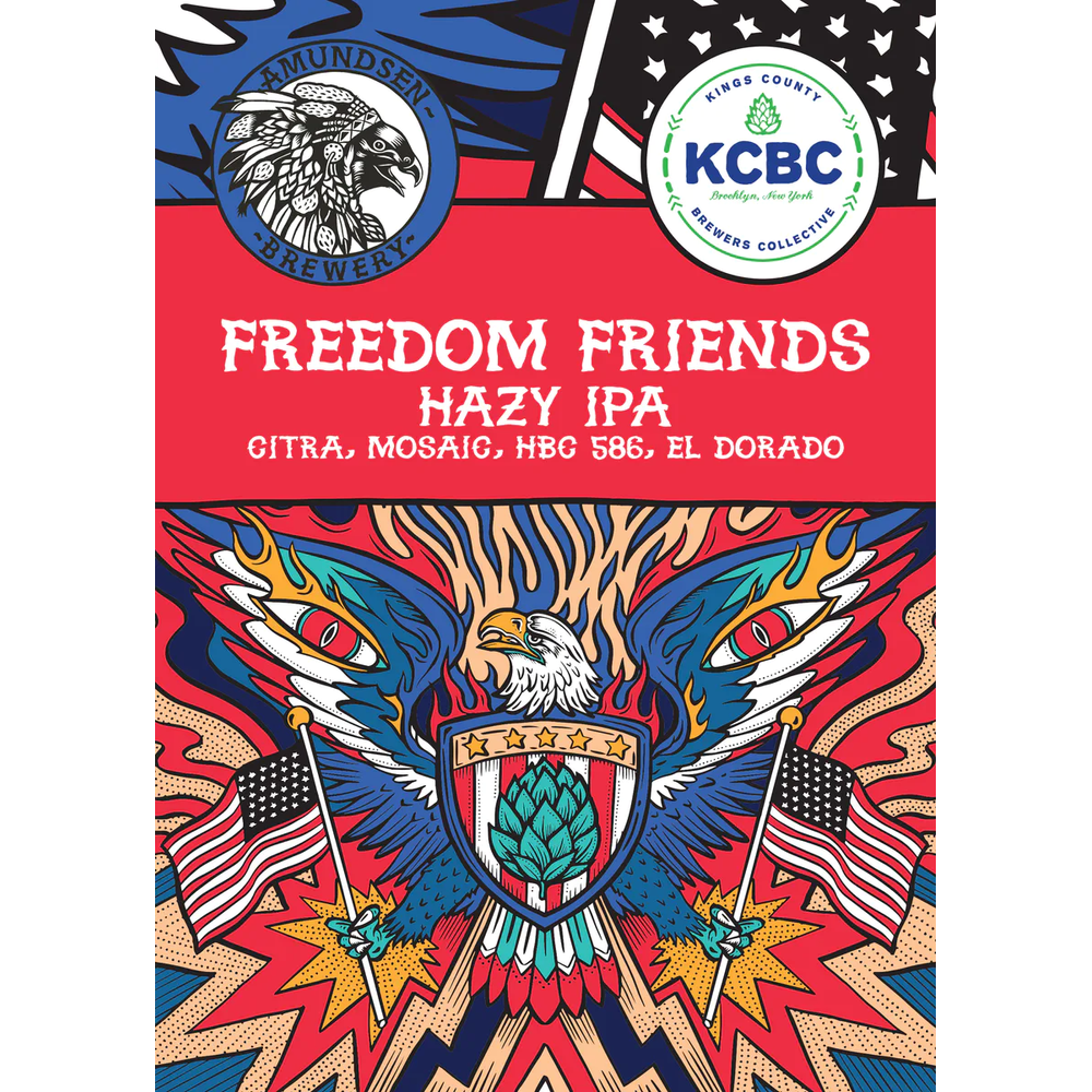 Fargerik etikett for Amundsen Freedom Friends Hazy IPA med ørn, humle og amerikanske flagg.