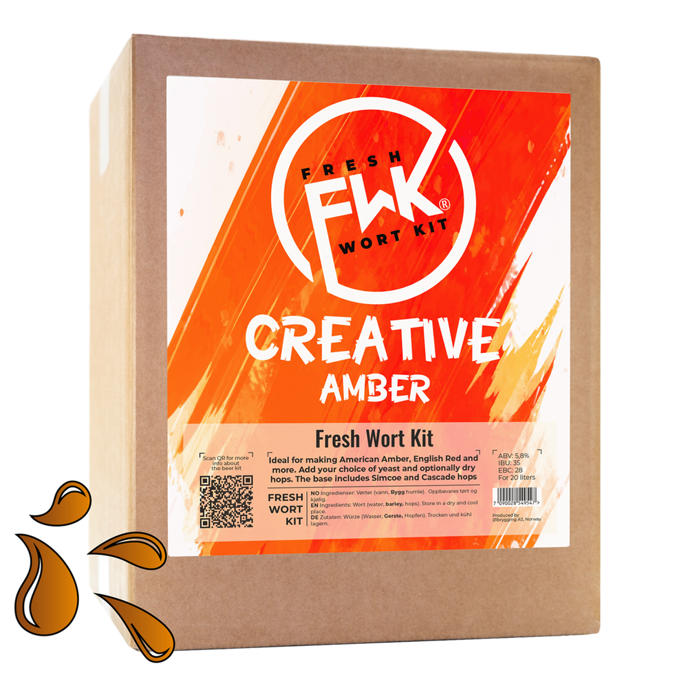 FWK Creative Amber Fresh Wort Kit i pappeske med oransje etikett – hjemmebrygg