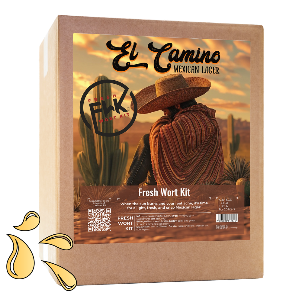 FWK El Camino Fresh Wort Kit for 20L øl i brun pappeske med ørkenmotiv.