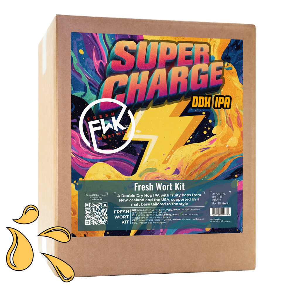 FWK Supercharge DDH IPA Fresh Wort Kit i pappeske med fargerik etikett.