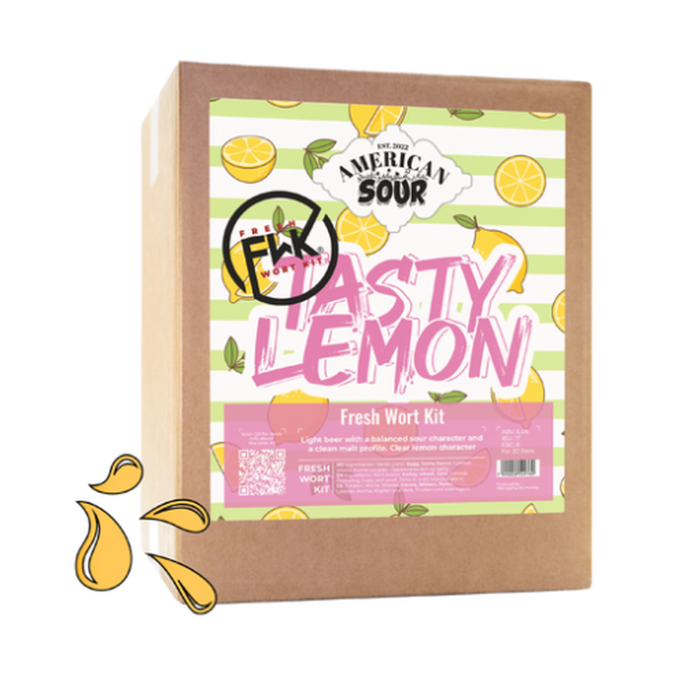 FWK Tasty Lemon Fresh Wort Kit i pappeske med sitrondesign – hjemmebrygg 20 liter.