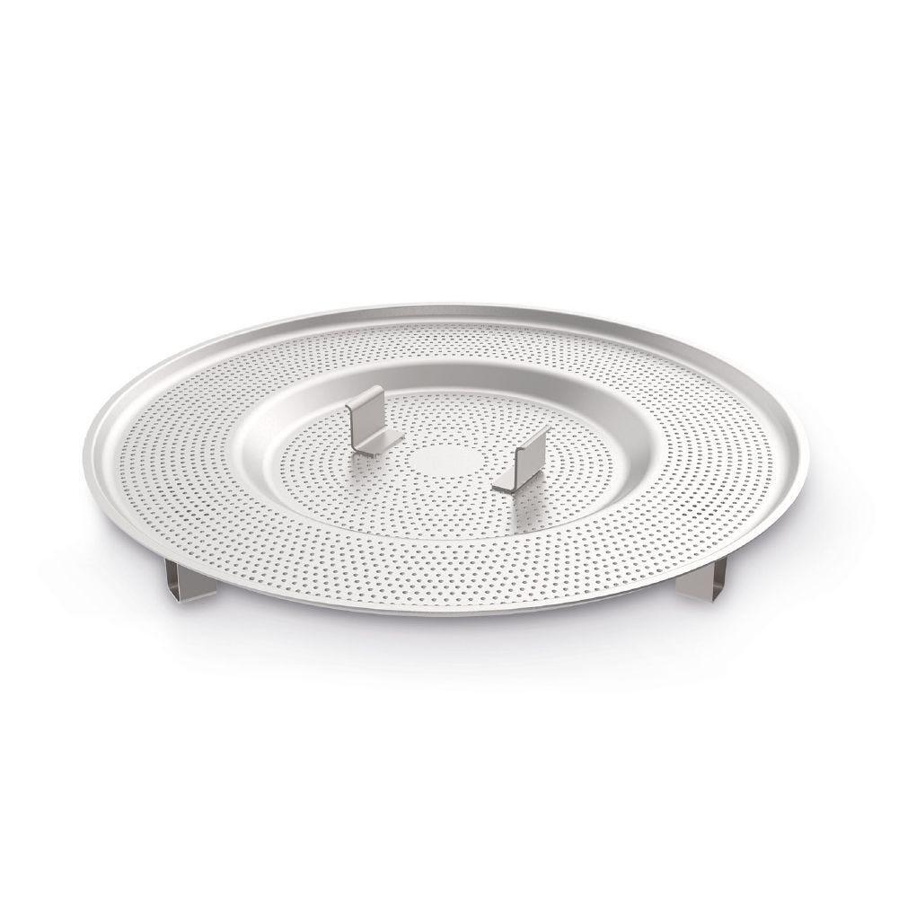 Sølvfarget Grainfather G30 Hop Plate i rustfritt stål for effektiv humlefiltrering.