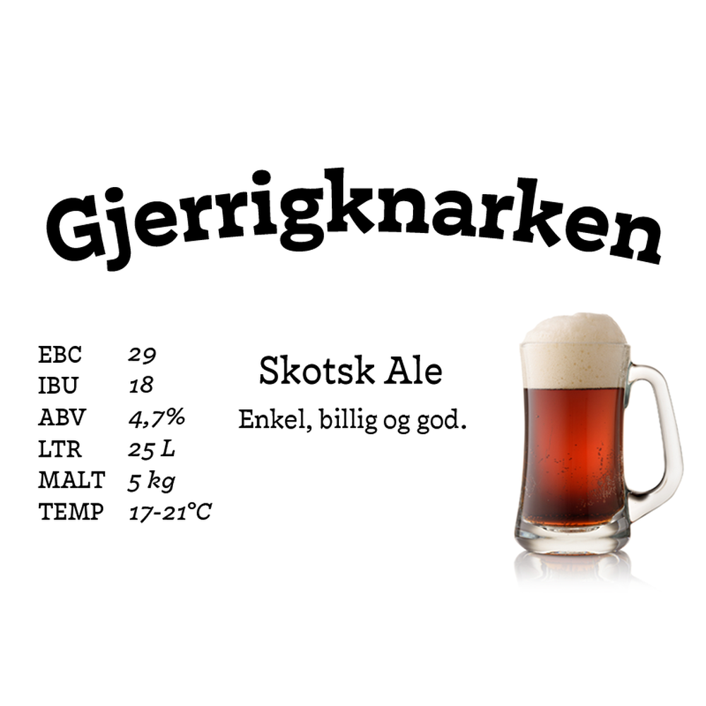 Gjerrigknarken Skotsk Ale ølsett 25 liter, med malt, humle og gjær.