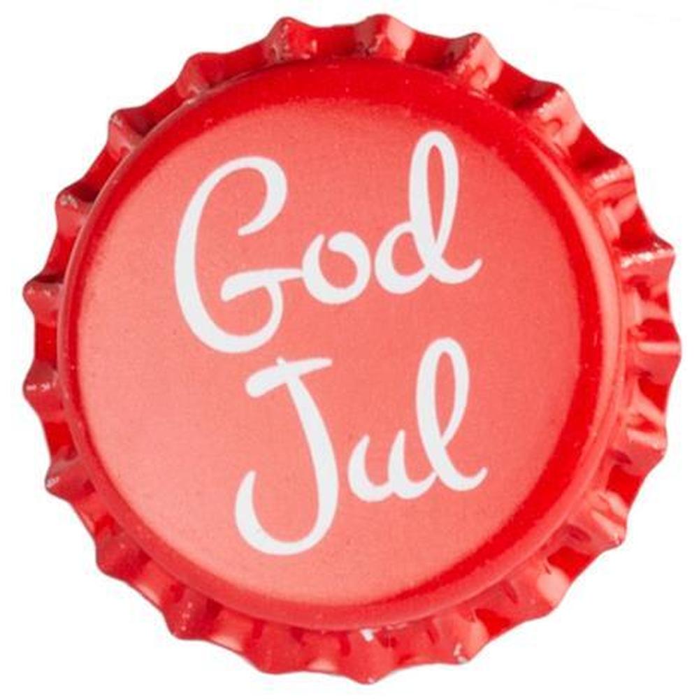 Rød flaskekapsel med hvit "God Jul" tekst, 26 mm, 100 stk.