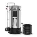 Grainfather G30v3 bryggemaskin i rustfritt stål med svart motstrømskjøler.