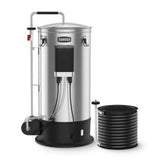 Grainfather G30v3 bryggemaskin i rustfritt stål med svart motstrømskjøler.