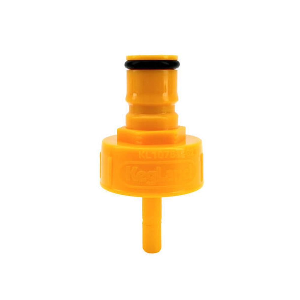 Gul plast Ball Lock tilkobling for FermZilla, med nippel for DuoTight og PET-flaske gjenger.