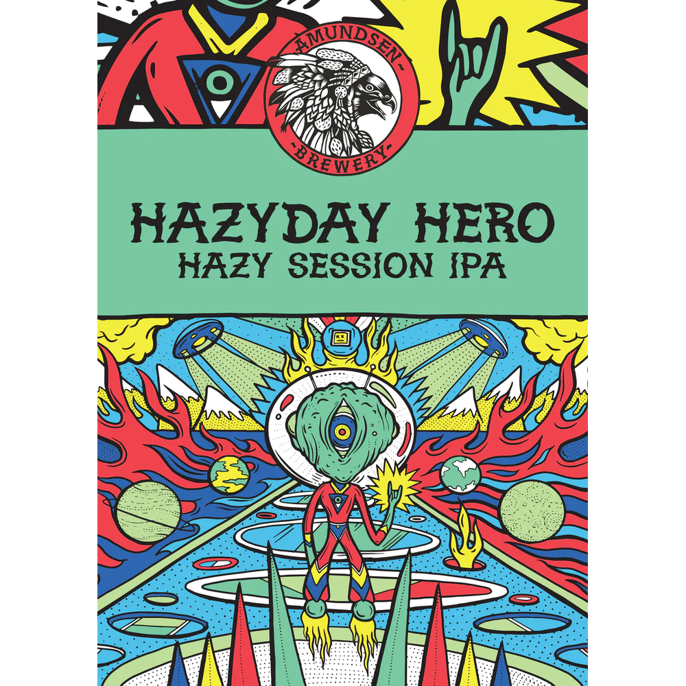 Amundsen HazyDay Hero Hazy Session IPA ølsett med fargerik superhelt-design.