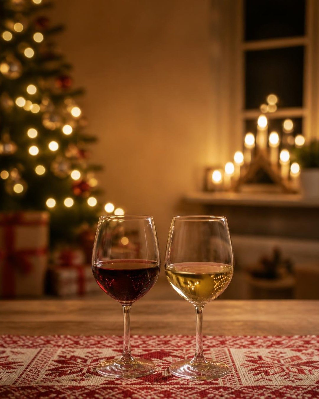 Rødvin og hvitvin i glass i julestemning