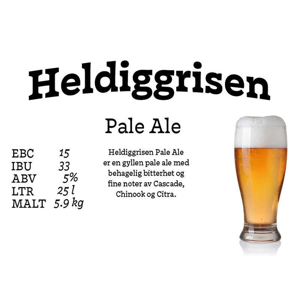 Huldiggrisen Pale Ale ølsett med Cascade, Chinook og Citra humle, 5.9 kg malt.