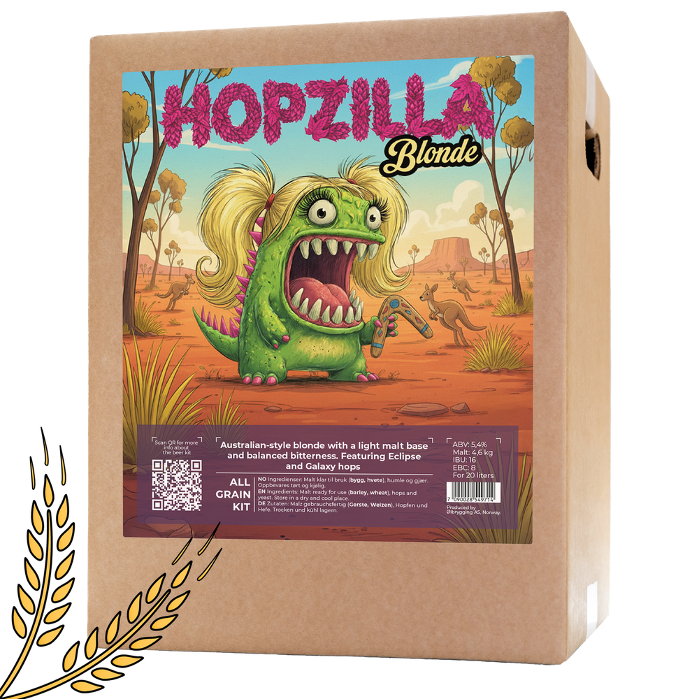 Hopzilla Blonde allgrain ølsett med tegneserie-dinosaur på etiketten.