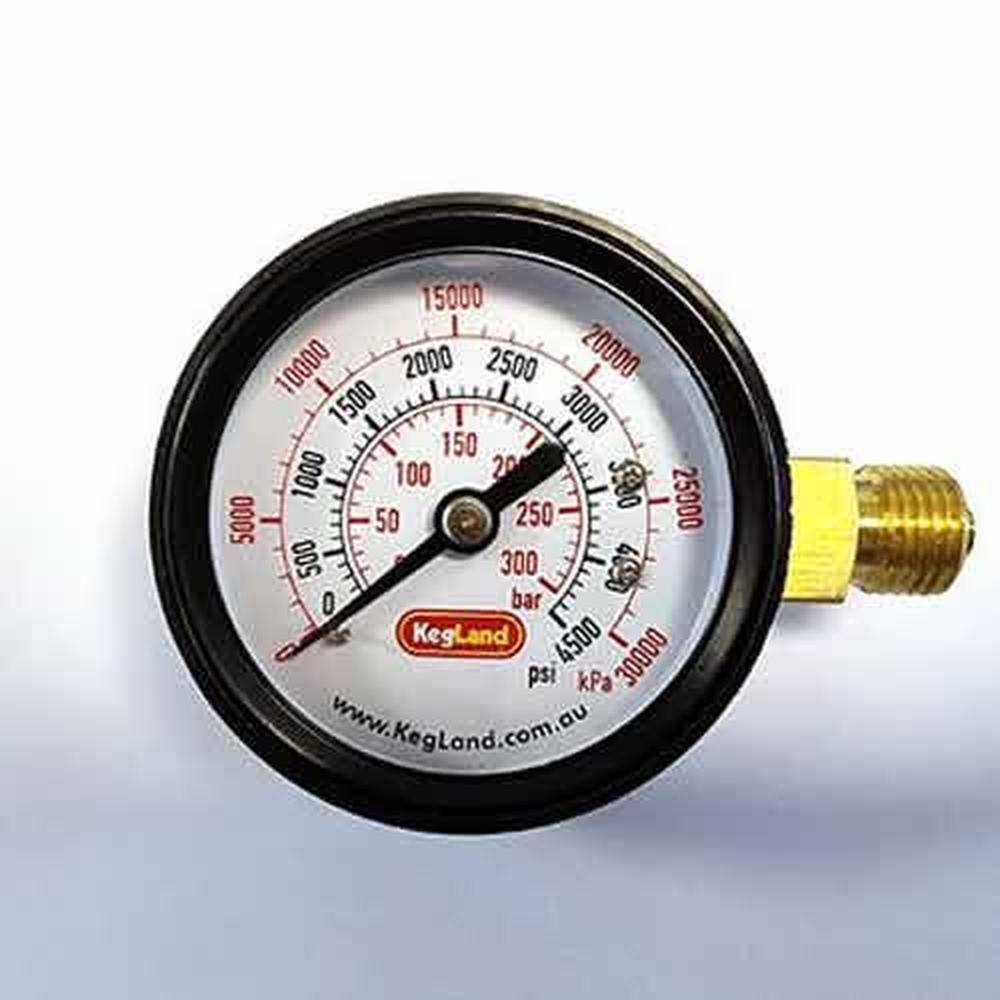 Svart høytrykk manometer 0-4500 PSI for CO2 regulator med 1/4" NPT gjenger.