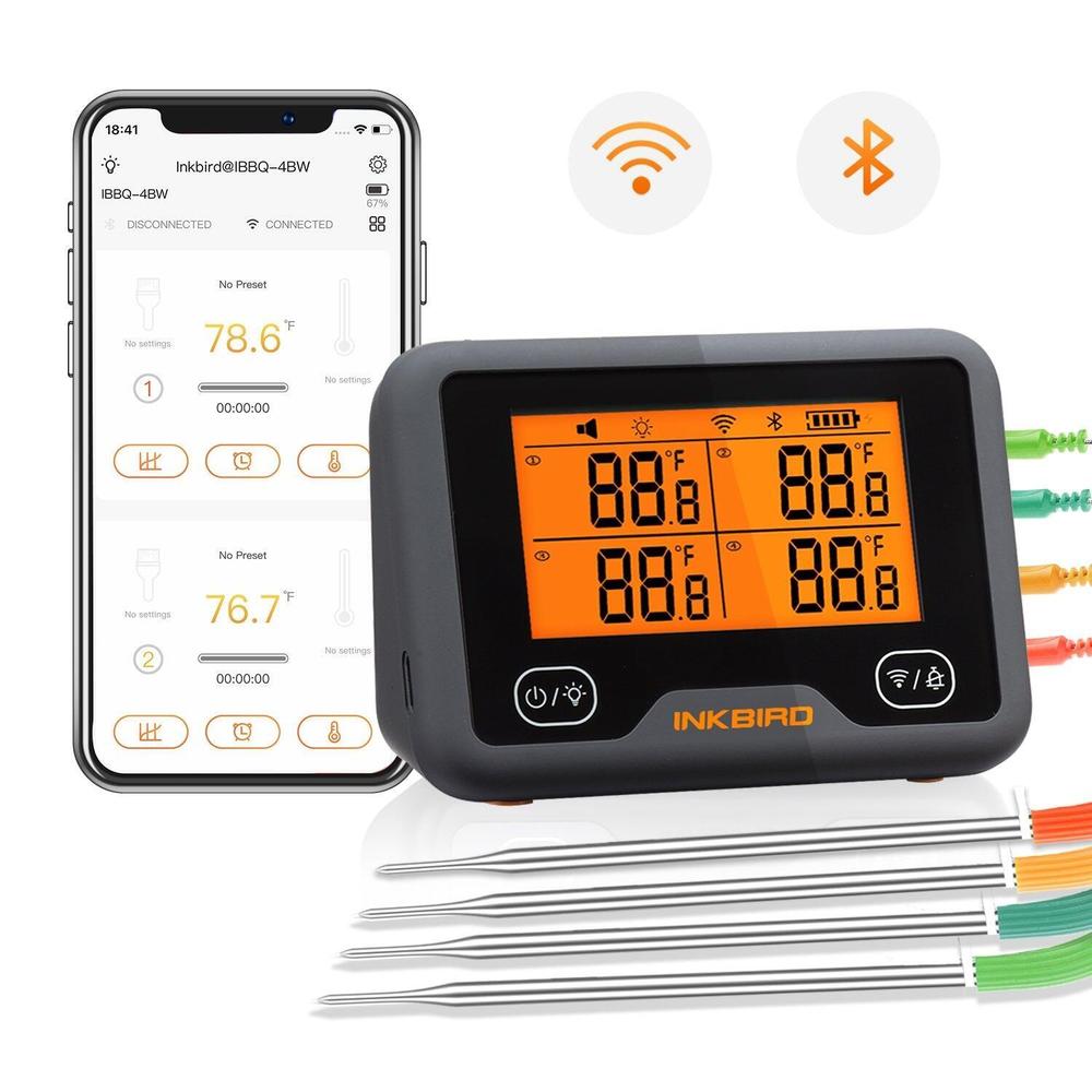 Inkbird IBBQ-4BW Wi-Fi & Bluetooth grilltermometer med fire prober og app-visning.