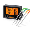 Inkbird IBBQ-4BW Wi-Fi & Bluetooth grilltermometer med fire fargerike prober og oransje LED-display.