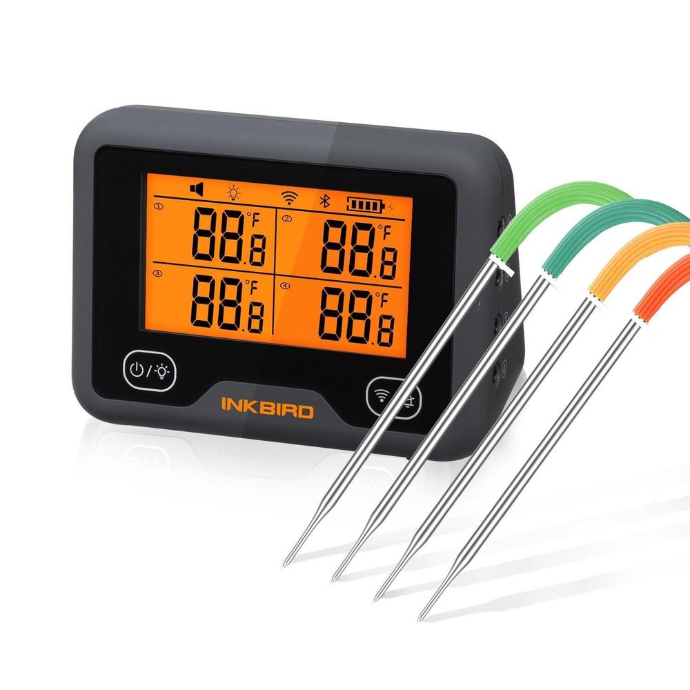 Inkbird IBBQ-4BW Wi-Fi & Bluetooth grilltermometer med fire fargerike prober og oransje LED-display.