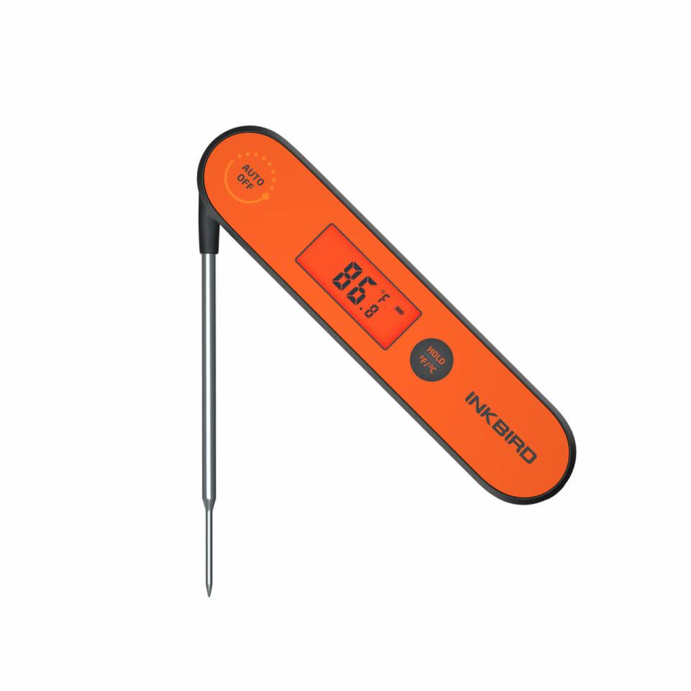 Inkbird IHT-1P digitalt termometer i oransje med foldbar stålprobe og LCD-skjerm, for matlaging.