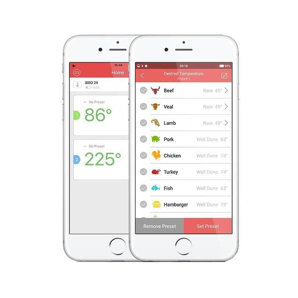 Inkbird Steketermometer app-skjermbilder på to hvite smarttelefoner, viser temperatur og kjøttvalg.
