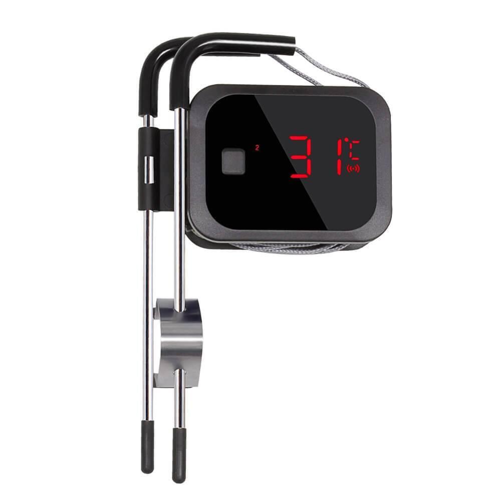 Inkbird trådløst steketermometer med svart LED-display, to metallprober og grå ledning.
