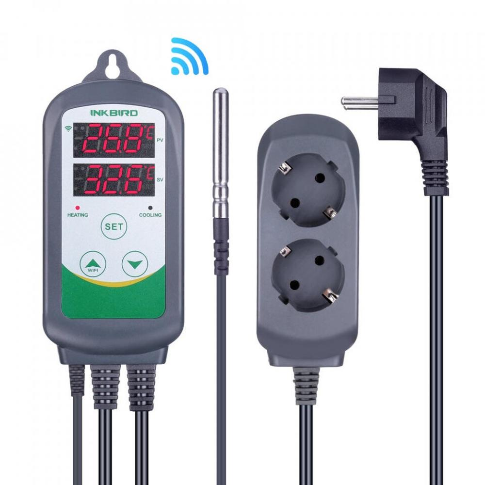 Inkbird WIFI ITC-308 temperaturkontroller med dobbel plugg, sensor og strømkabel.