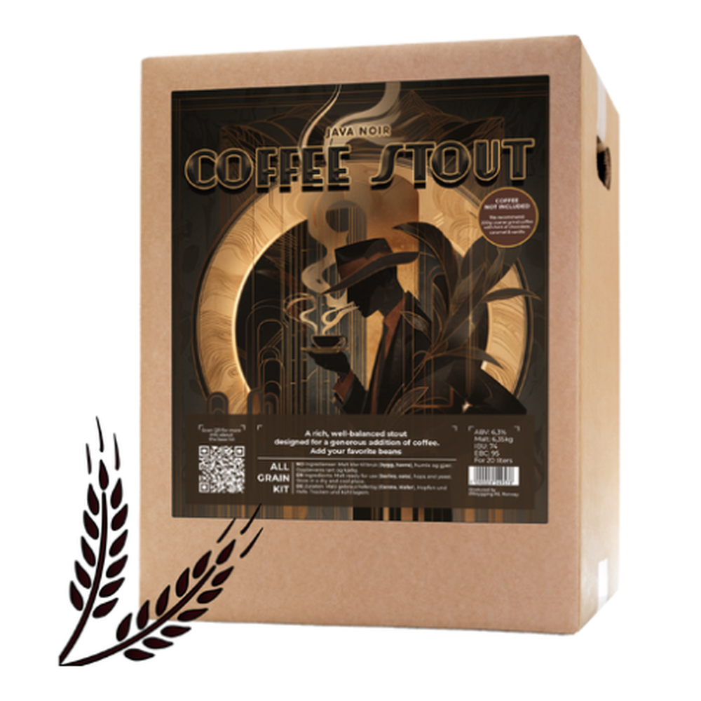 Java Noir Coffee Stout ølsett 20 liter i pappeske med art deco-design.