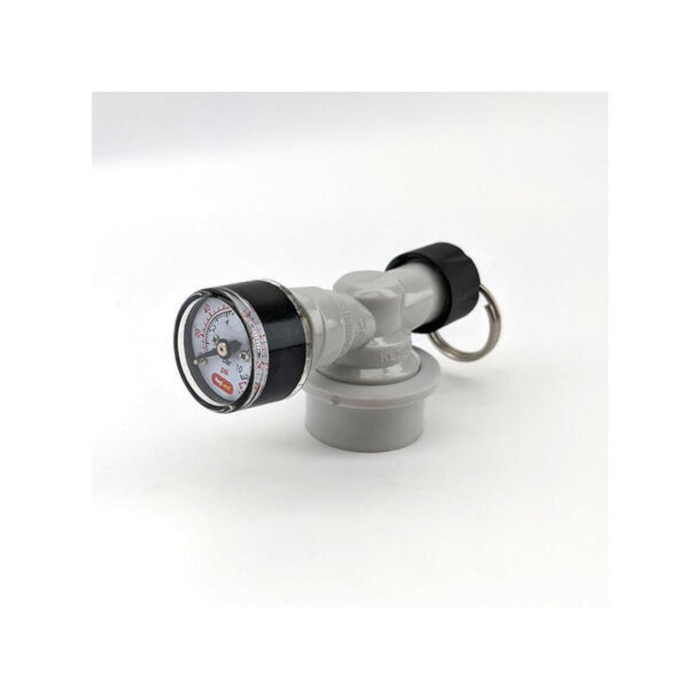 Justerbar overtrykksventil med Ball Lock, manometer og 8mm DuoTight kobling i grå og svart plast.