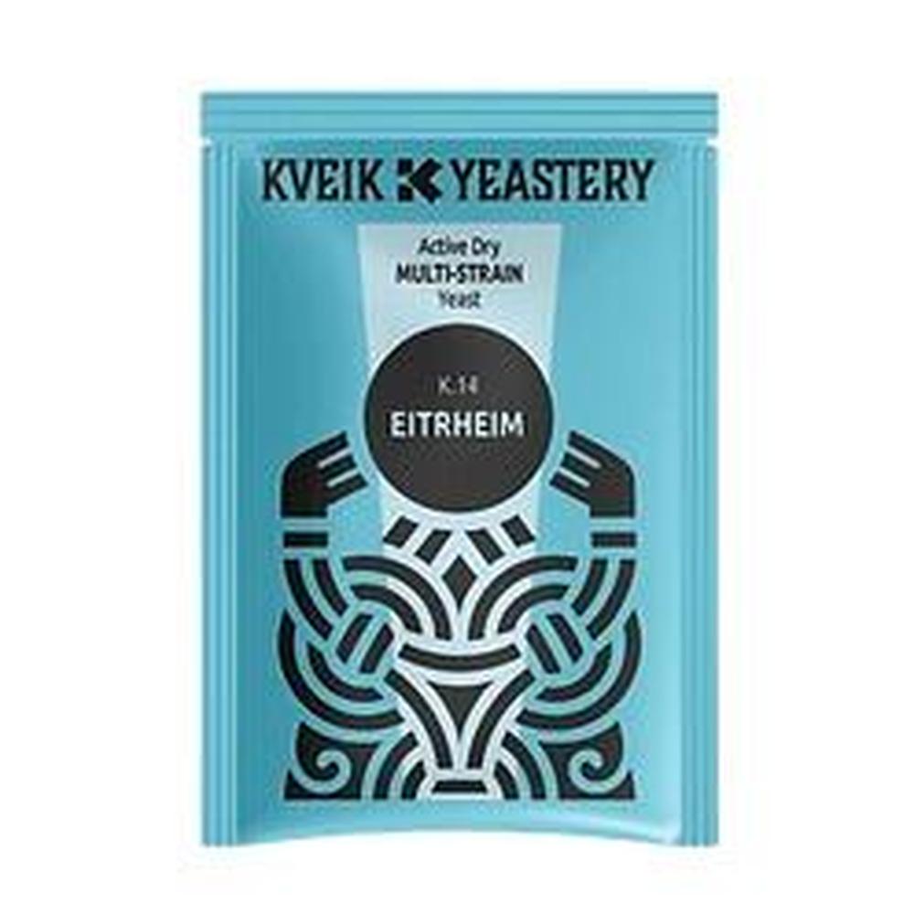K.14 Eitrheim Kveik 7g gjærpakke i blått med svart og hvitt design – hjemmebrygg