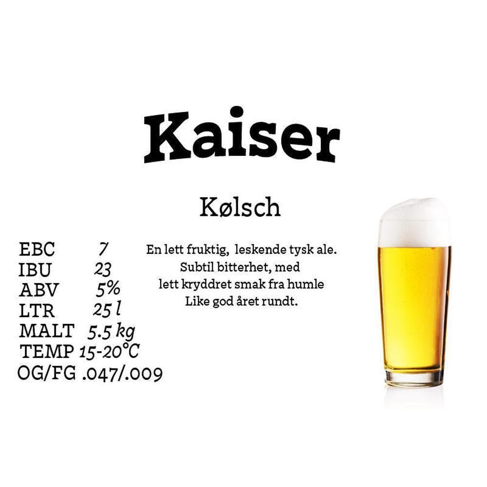 Kaiser Kölsch allgrain ølsett 25 liter med 5,5 kg malt, humle og gjær.