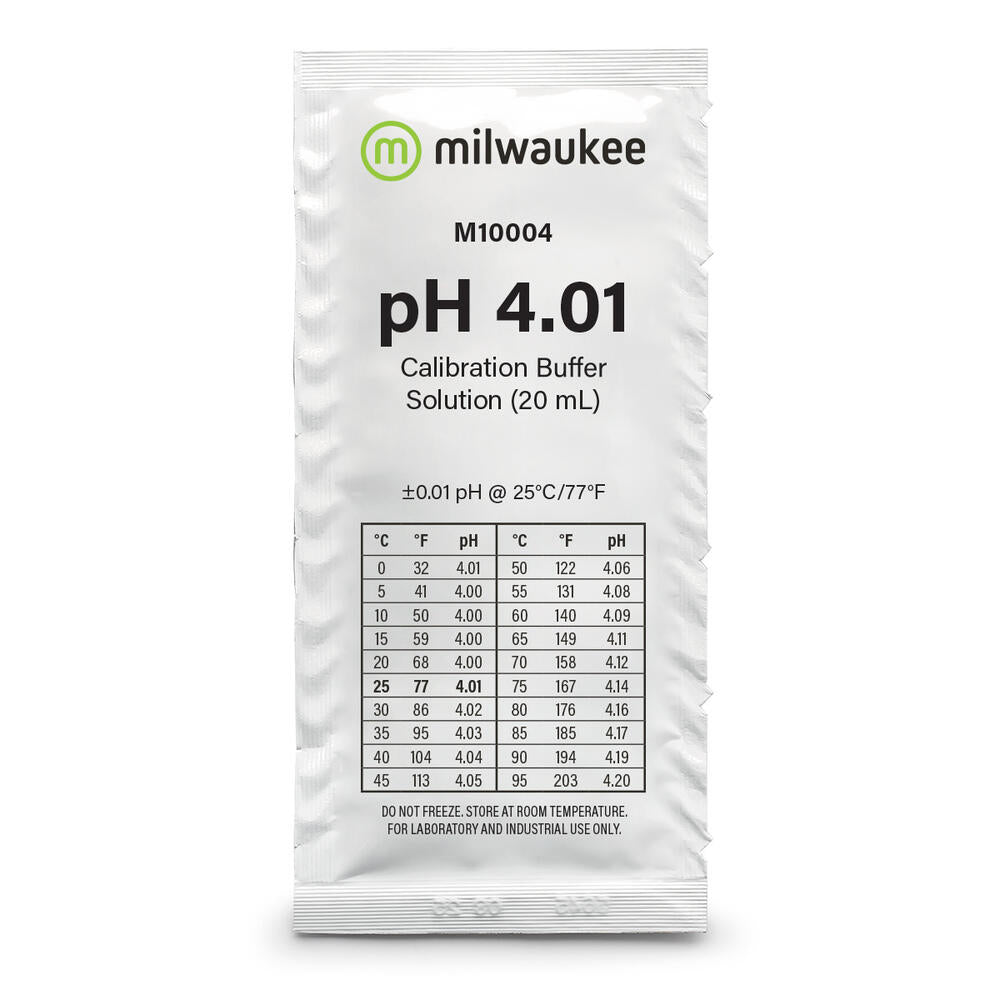Milwaukee pH 4.01 kalibreringsvæske 20ml i hvit engangspose med tabell.