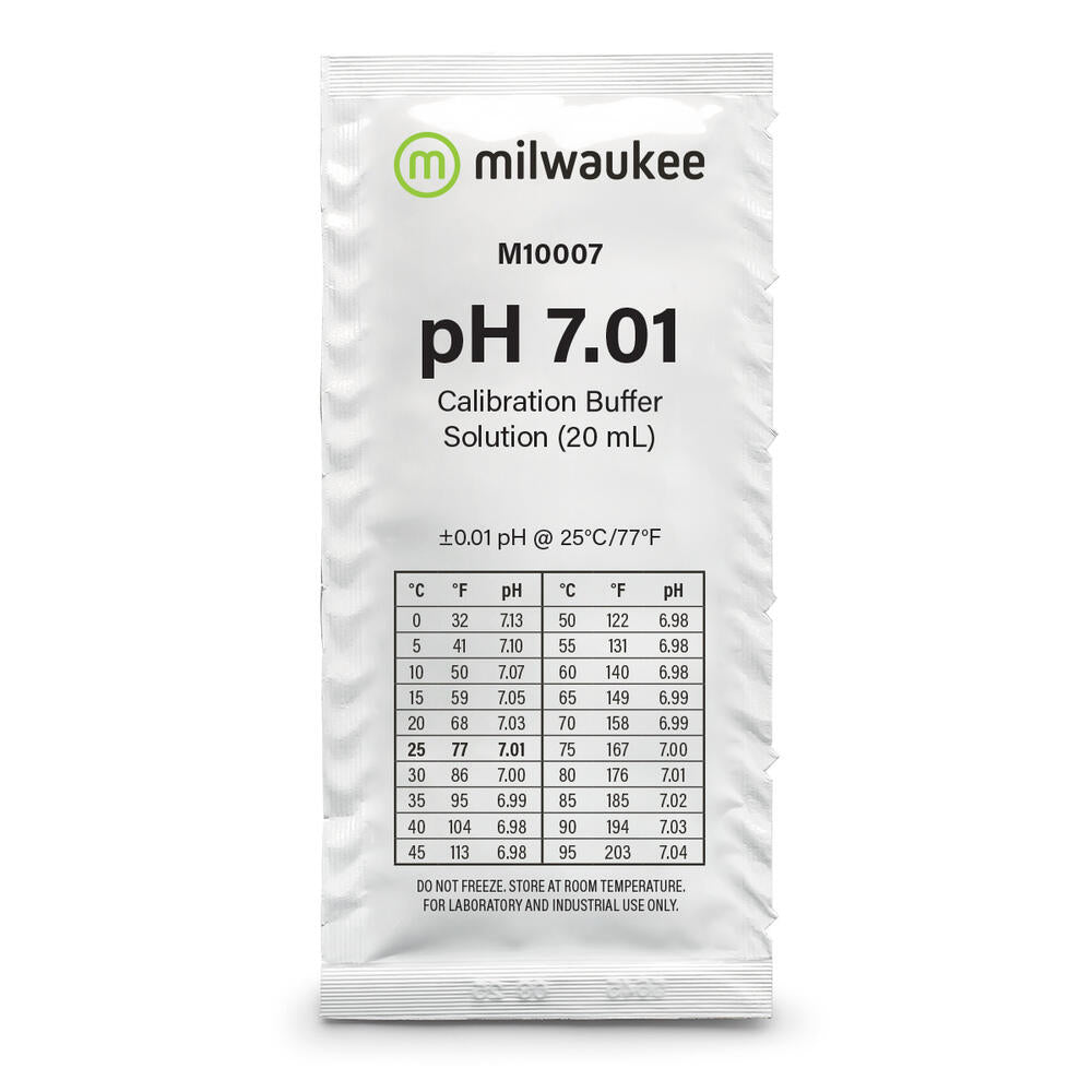 Milwaukee pH 7.01 kalibreringsvæske 20ml engangspose for nøyaktig pH-måling.