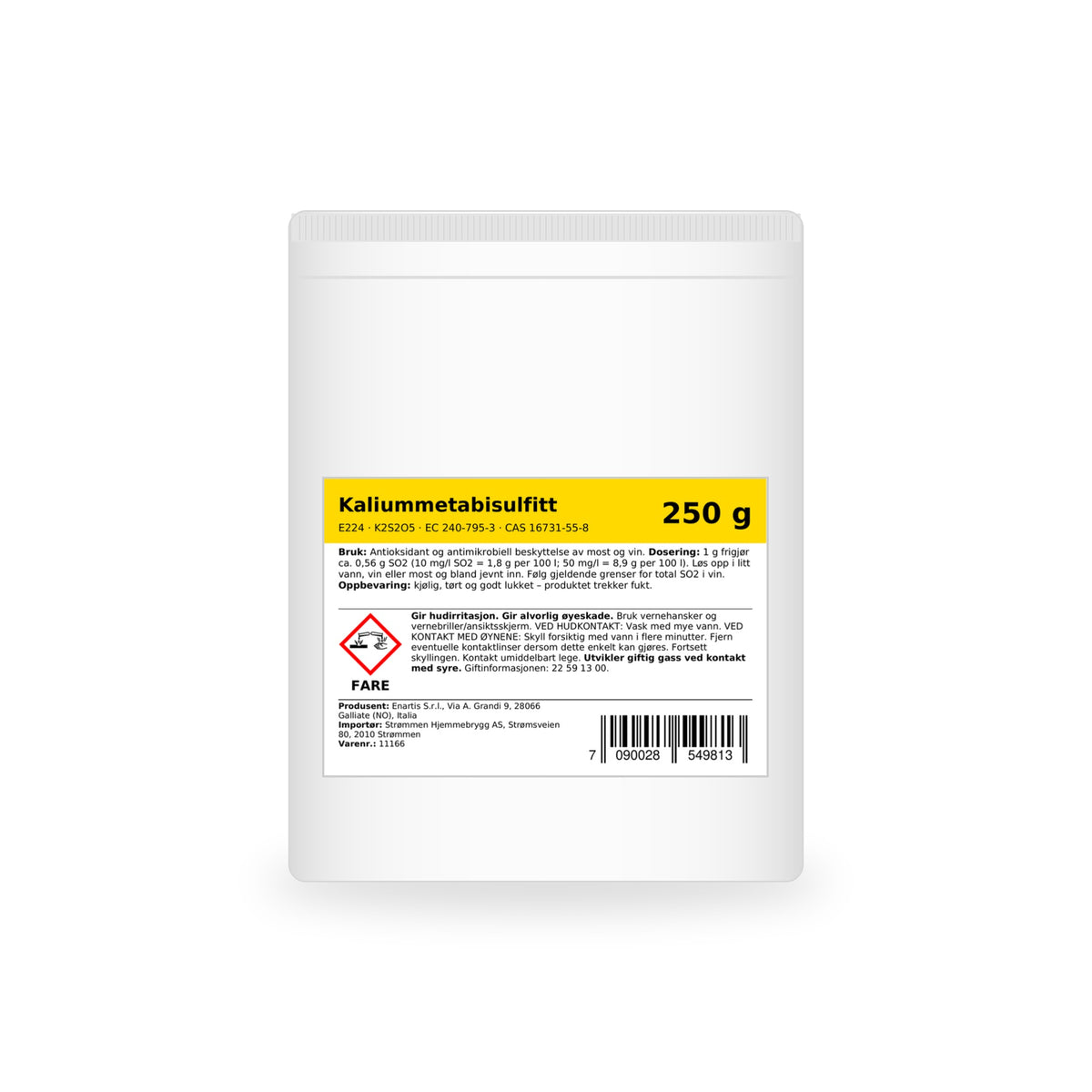 Kaliummetabisulfitt E224 250 g, hvit pose med etikett og faremerking