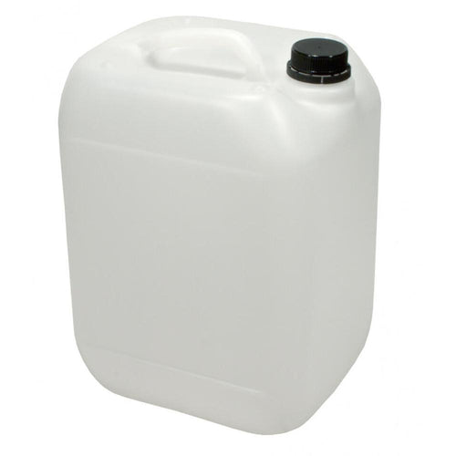 Hvit 10 liter plastkanne med svart 40mm skrukapsel og integrert håndtak.
