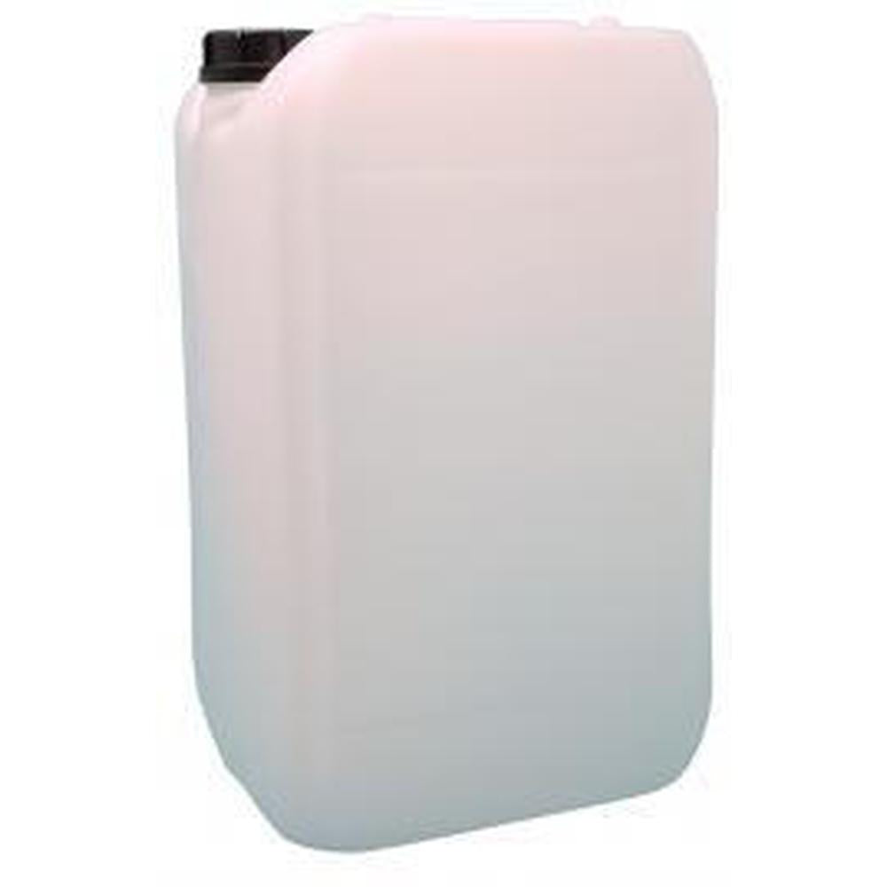 Hvit, robust 25 liters UN-godkjent plastkanne med svart skrukork for vann og væsker.