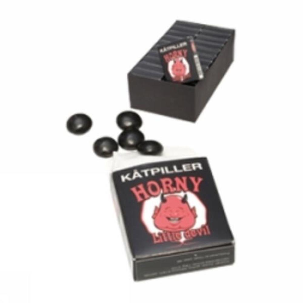 Kåtpiller - Horny little Devil Lakrisgodt 20g, svart eske med rød djevel.