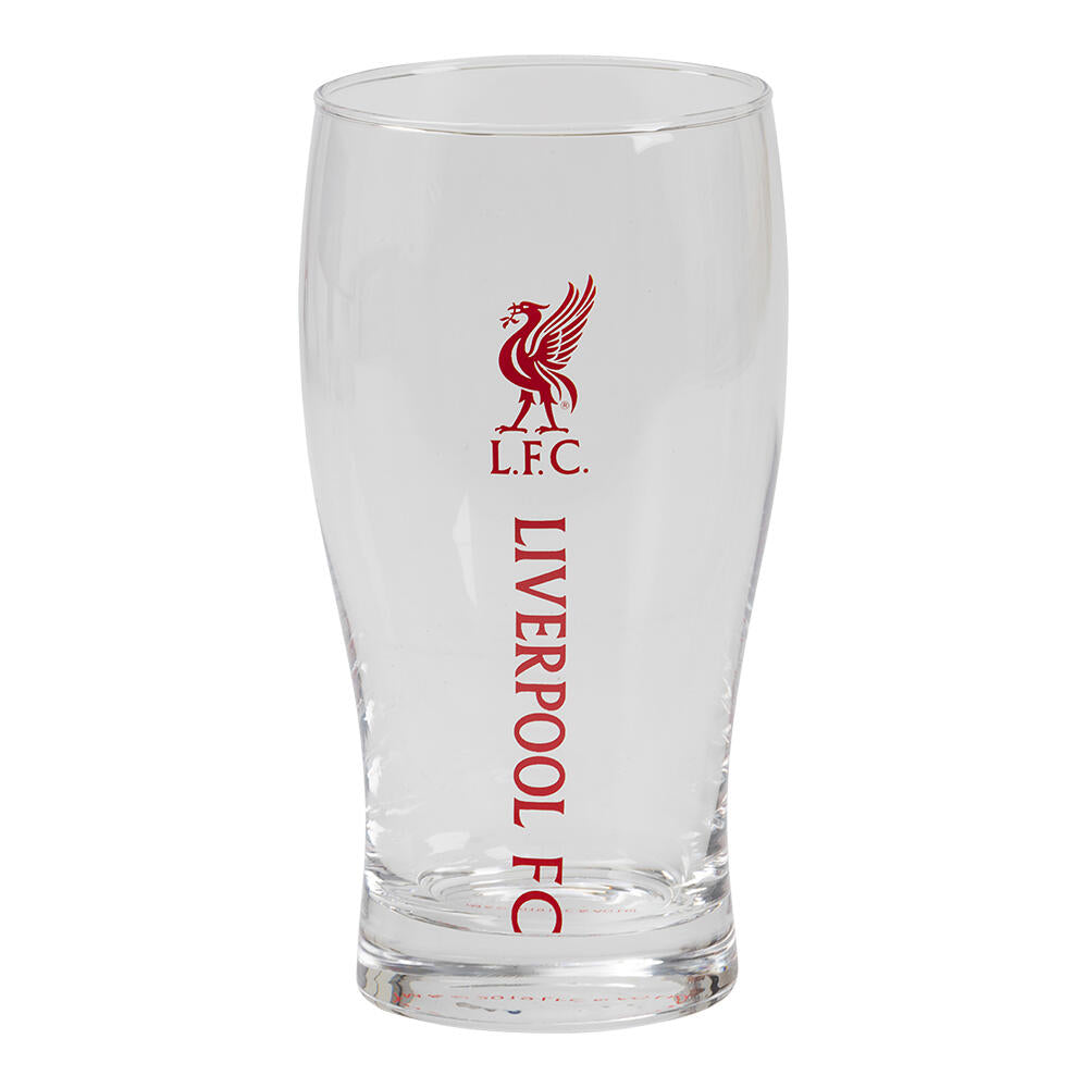 Klart Liverpool pintglass med rød L.F.C. logo og "LIVERPOOL FC" tekst.