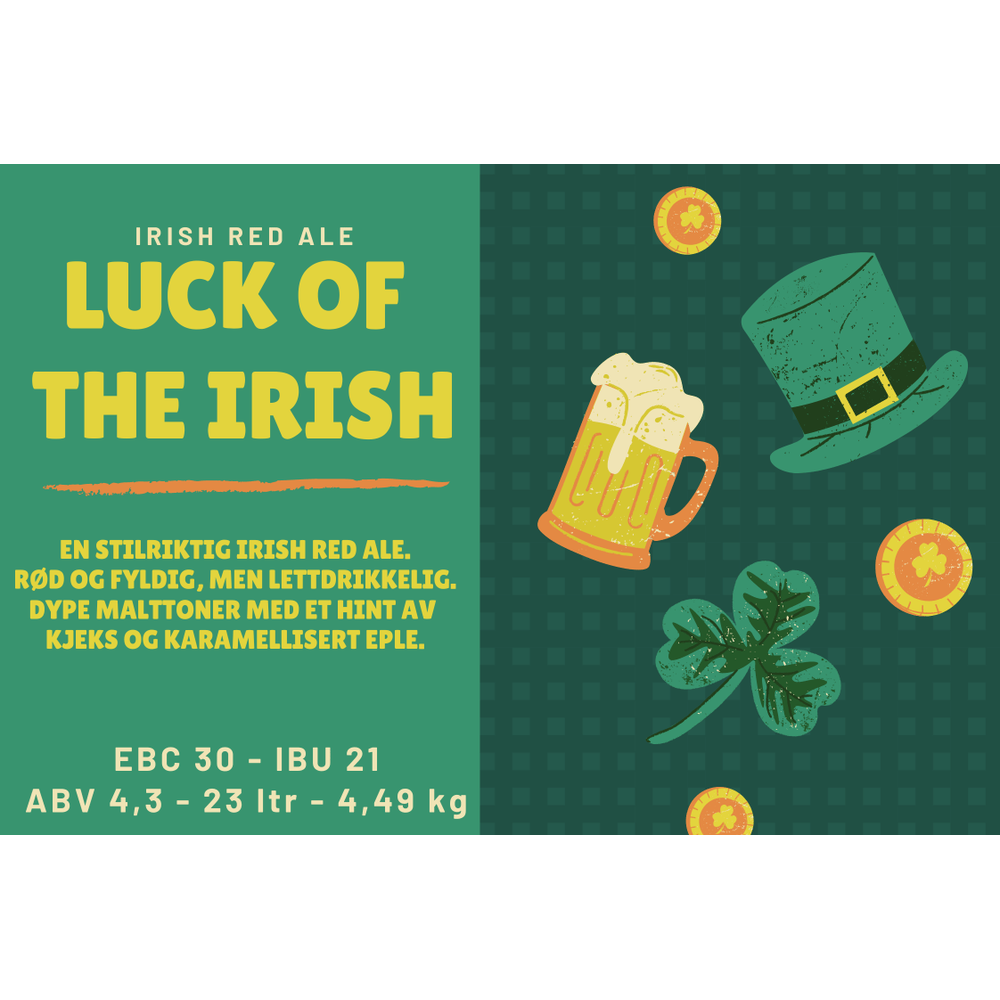 Luck of The Irish Red Ale ølsett med grønn bakgrunn, ølglass, kløver og gullmynter.