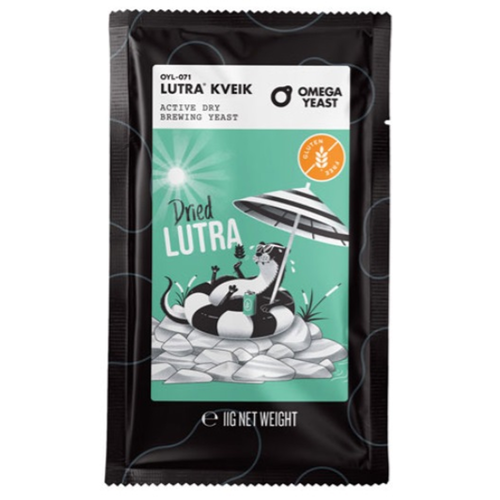 Lutra Kveik 11g Omega Yeast tørrgjær i svart pose med illustrasjon av oter på strand.