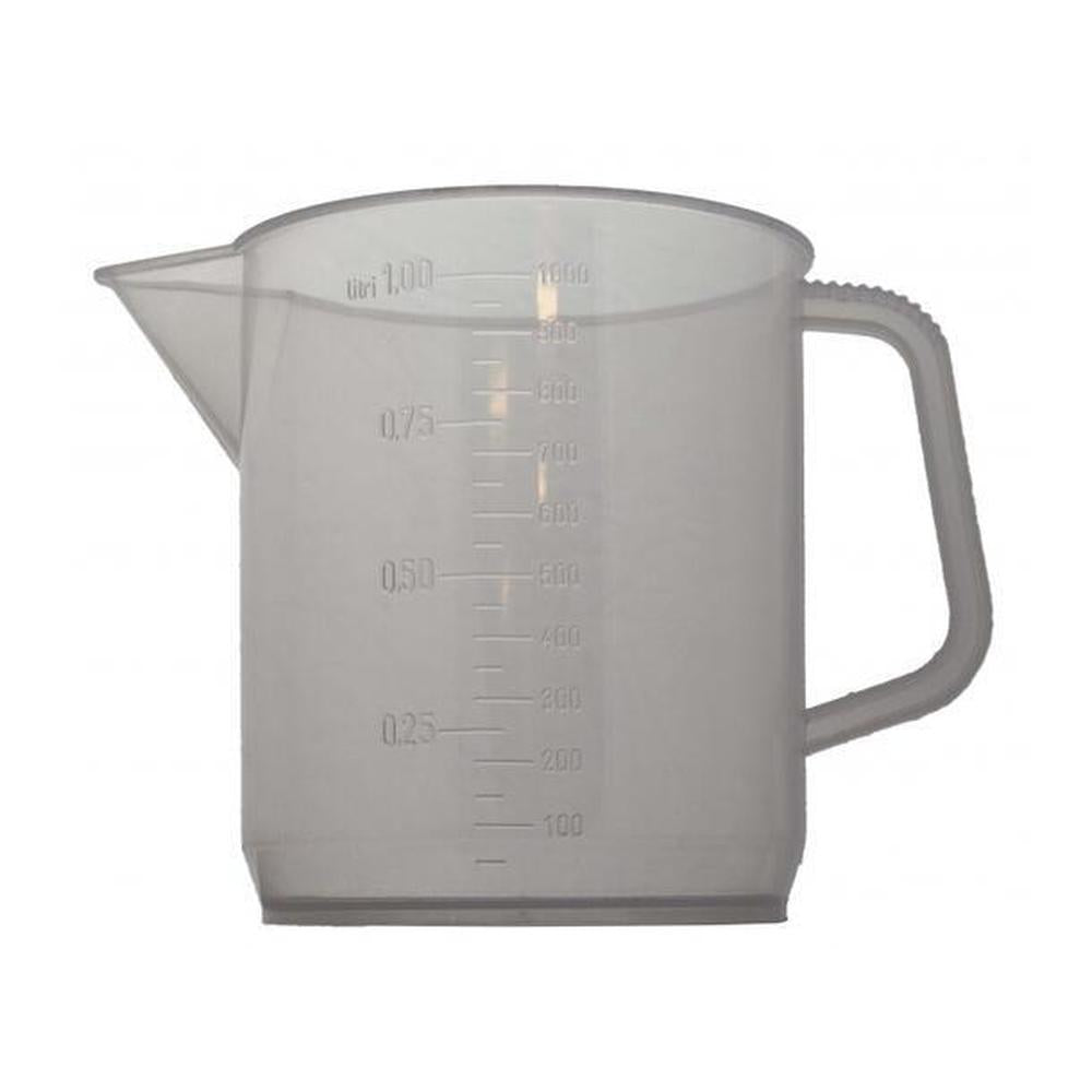 Gjennomsiktig polypropen målebeger/litermål 1000 ml med tydelig skala og håndtak.