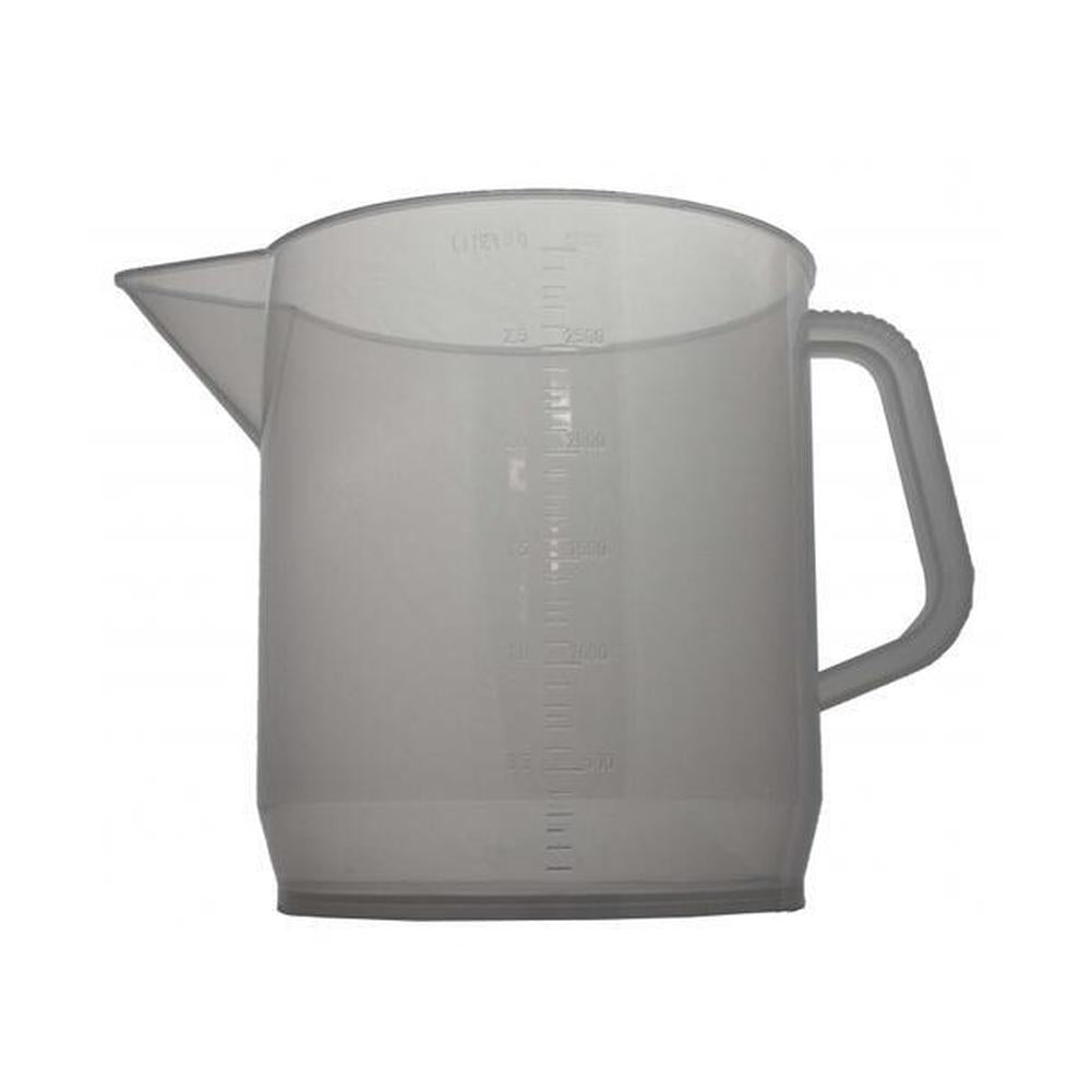 Gjennomsiktig 3000 ml målebeger i polypropen med tydelig skala og håndtak.