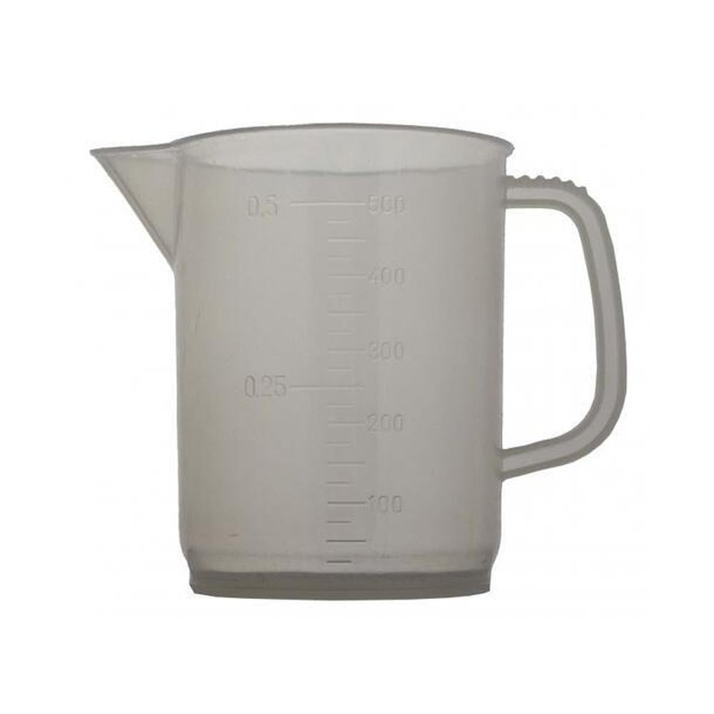 Gjennomsiktig 500 ml målebeger i polypropen med tydelig skala og håndtak.