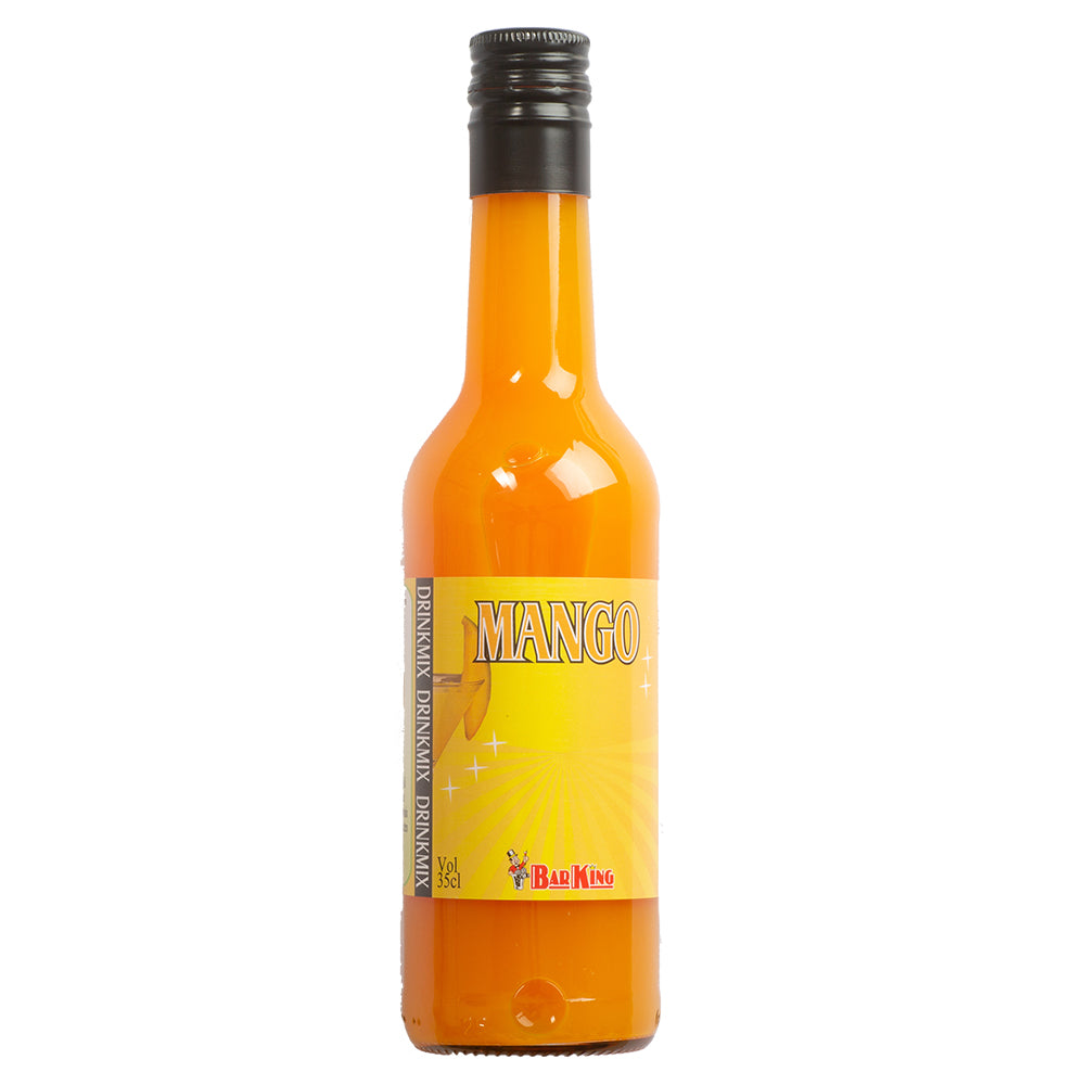 glassflasker med sort kapsel, med mango drinkmiks som er gul / oransje.