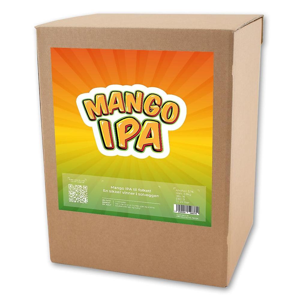 Mango IPA allgrain ølsett i pappeske med fargerik etikett, 20 liter.