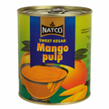 Natco Sweet Kesar Mango Pulp 850g boks med mango og skål med puré.