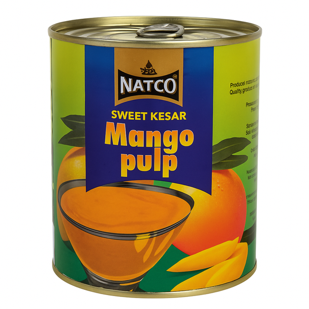 Natco Sweet Kesar Mango Pulp 850g boks med mango og skål med puré.