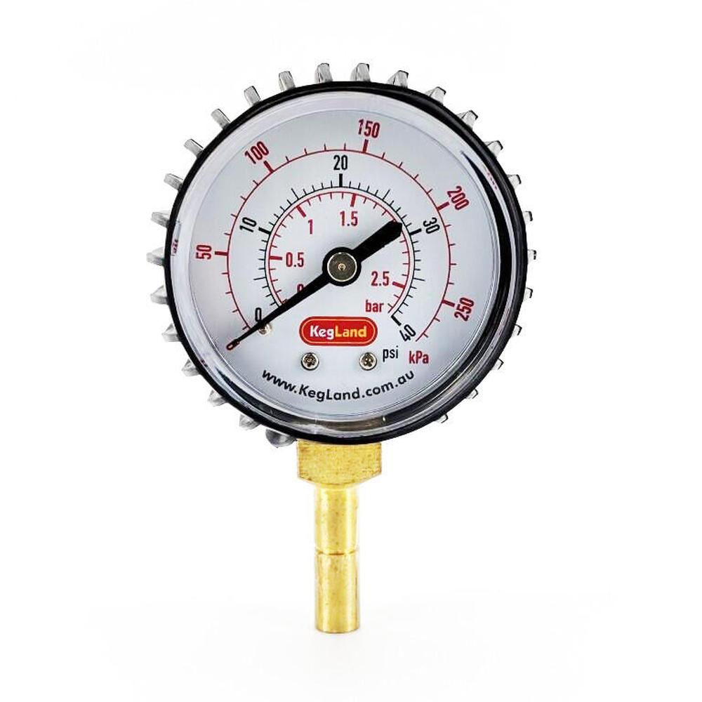 Manometer 0-15 psi/0-1 bar/0-100 kPa med hvit urskive og messingkobling for 8mm slange.