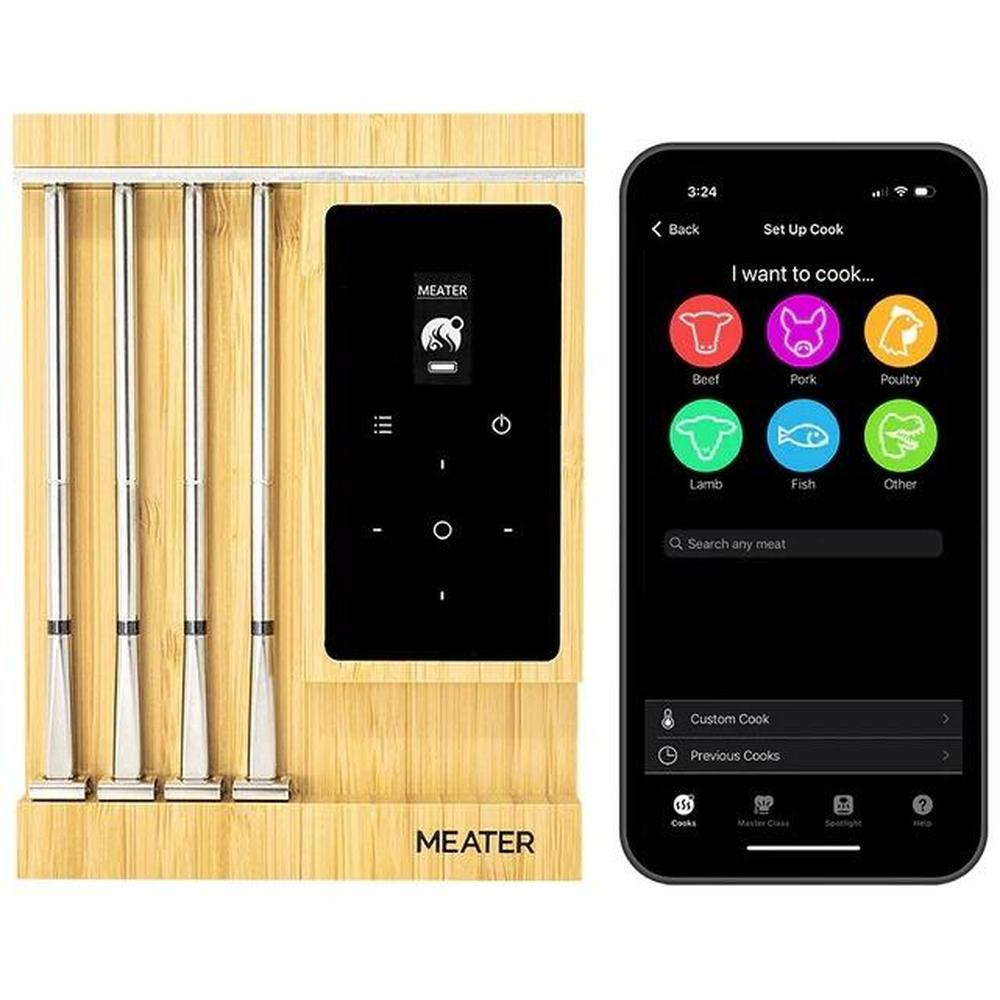 Meater Pro XL trådløst steketermometer med fire prober i bambusladestasjon og app-grensesnitt.
