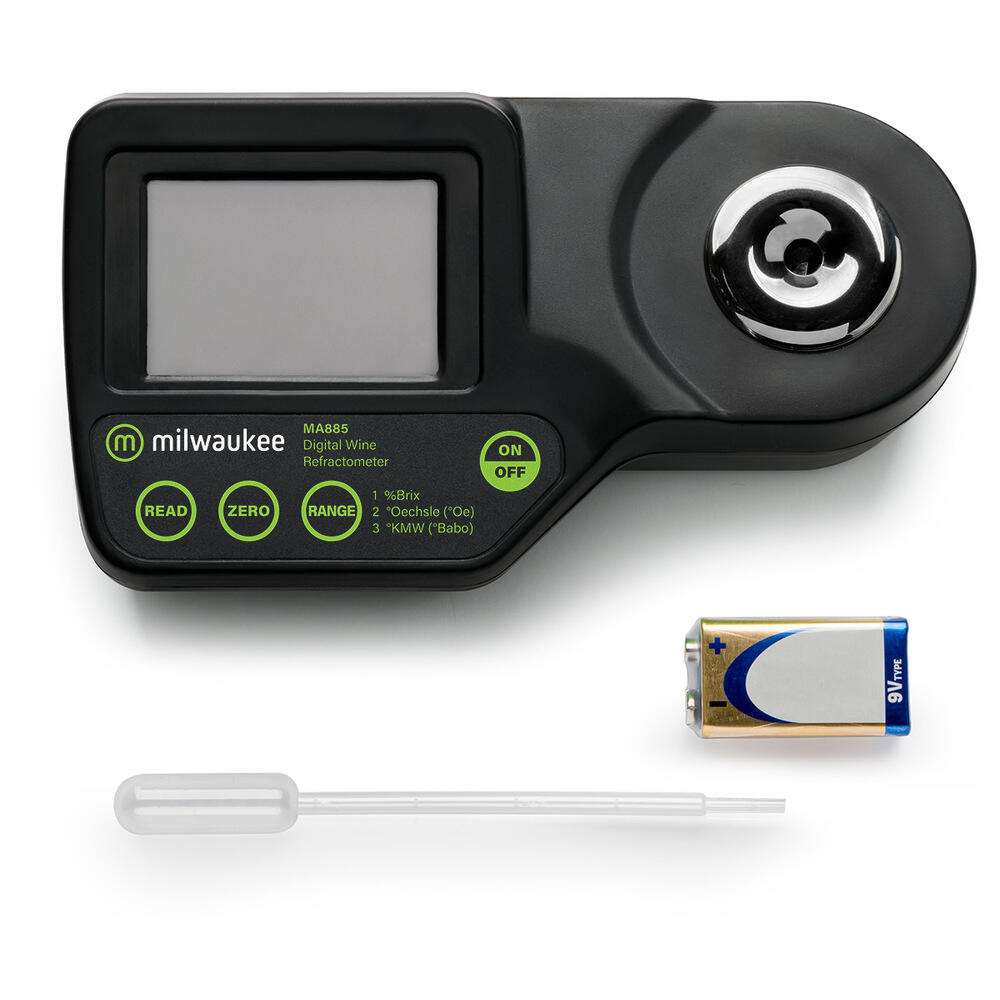 Milwaukee MA885 digitalt refraktometer i svart med display, pipette og 9V batteri.