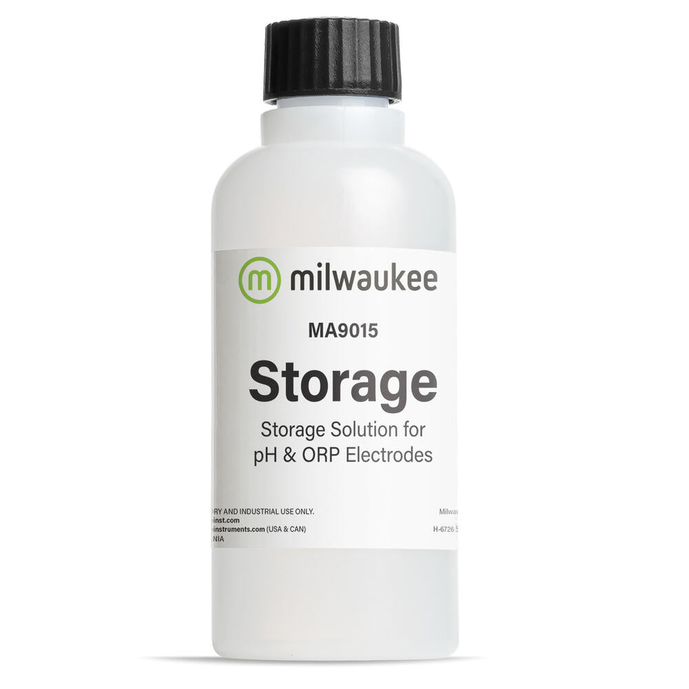 Milwaukee MA9015 oppbevaringsvæske for pH- og ORP-prober, 230 ml, hvit flaske med svart kork.